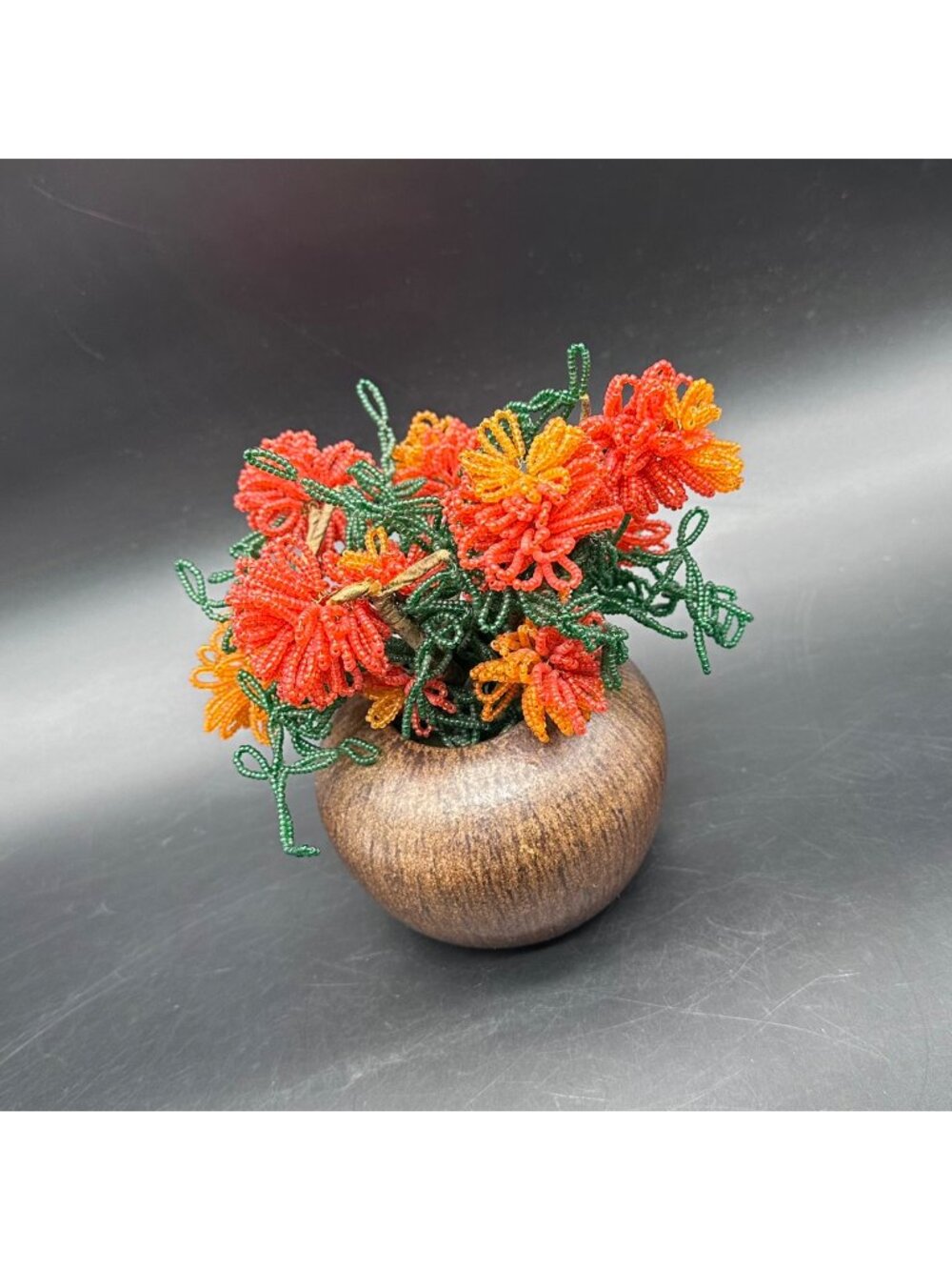 Vintage Bead Flower Arrangement AR Cole Pottery Vase Red Orange Floral Handmade